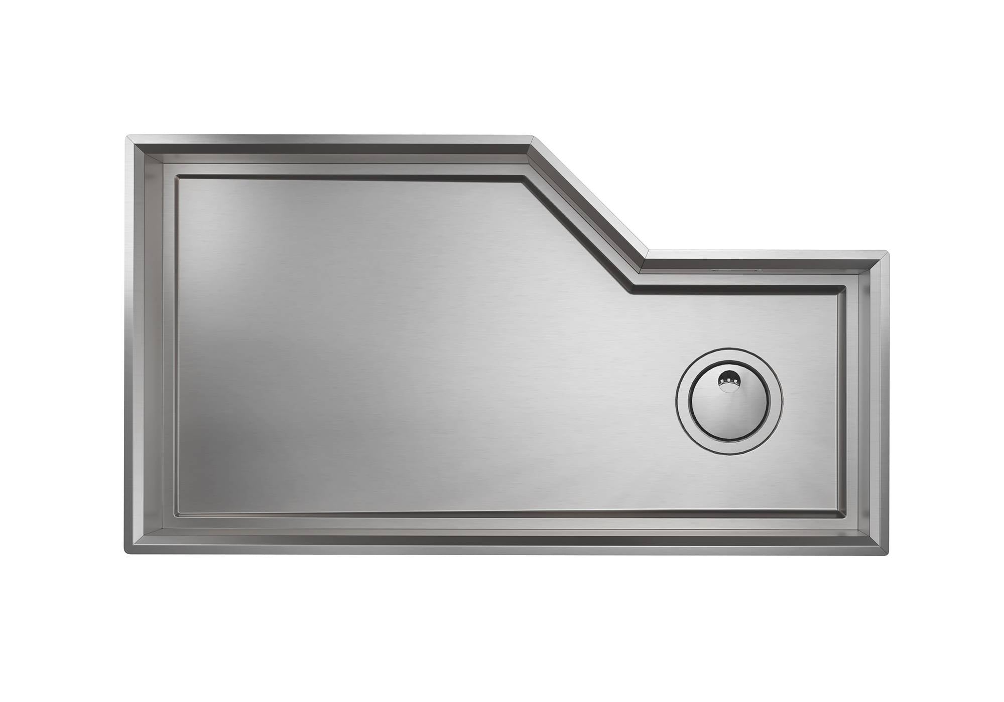 Stainless steel sink with a drain on a white background